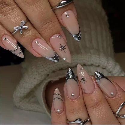 Teardrop French Silver-Trim Nude Cat Eye Star Rhinestone Detachable Press-On Nails