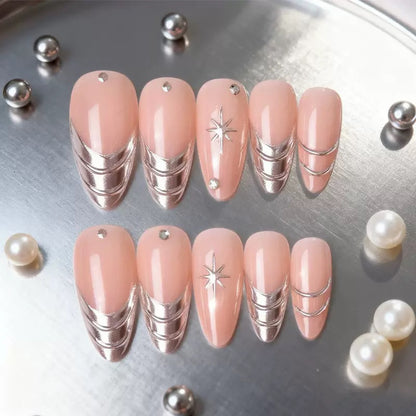 Teardrop French Silver-Trim Nude Cat Eye Star Rhinestone Detachable Press-On Nails