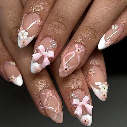 French-Style Butterfly and Vibrant Flower Press-On Nails