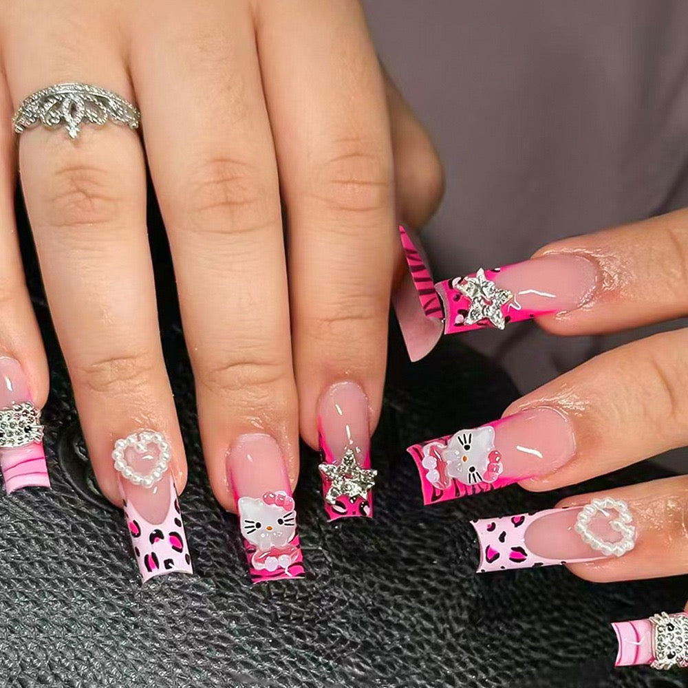 Cute Pink KITTY Cat Press-On Nails – Heart, Pearl & Rhinestone Accents