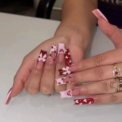 Valentine’s Day Pink Heart Bow Strawberry Long Medium-Length Press-On Nails