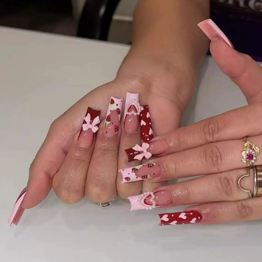Valentine’s Day Pink Heart Bow Strawberry Long Medium-Length Press-On Nails