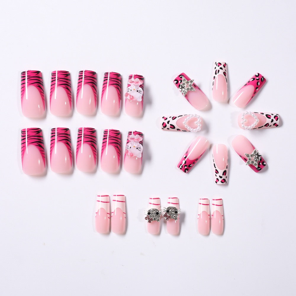 Cute Pink KITTY Cat Press-On Nails – Heart, Pearl & Rhinestone Accents