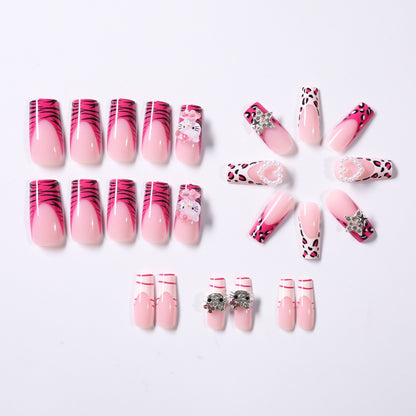 Cute Pink KITTY Cat Press-On Nails – Heart, Pearl & Rhinestone Accents