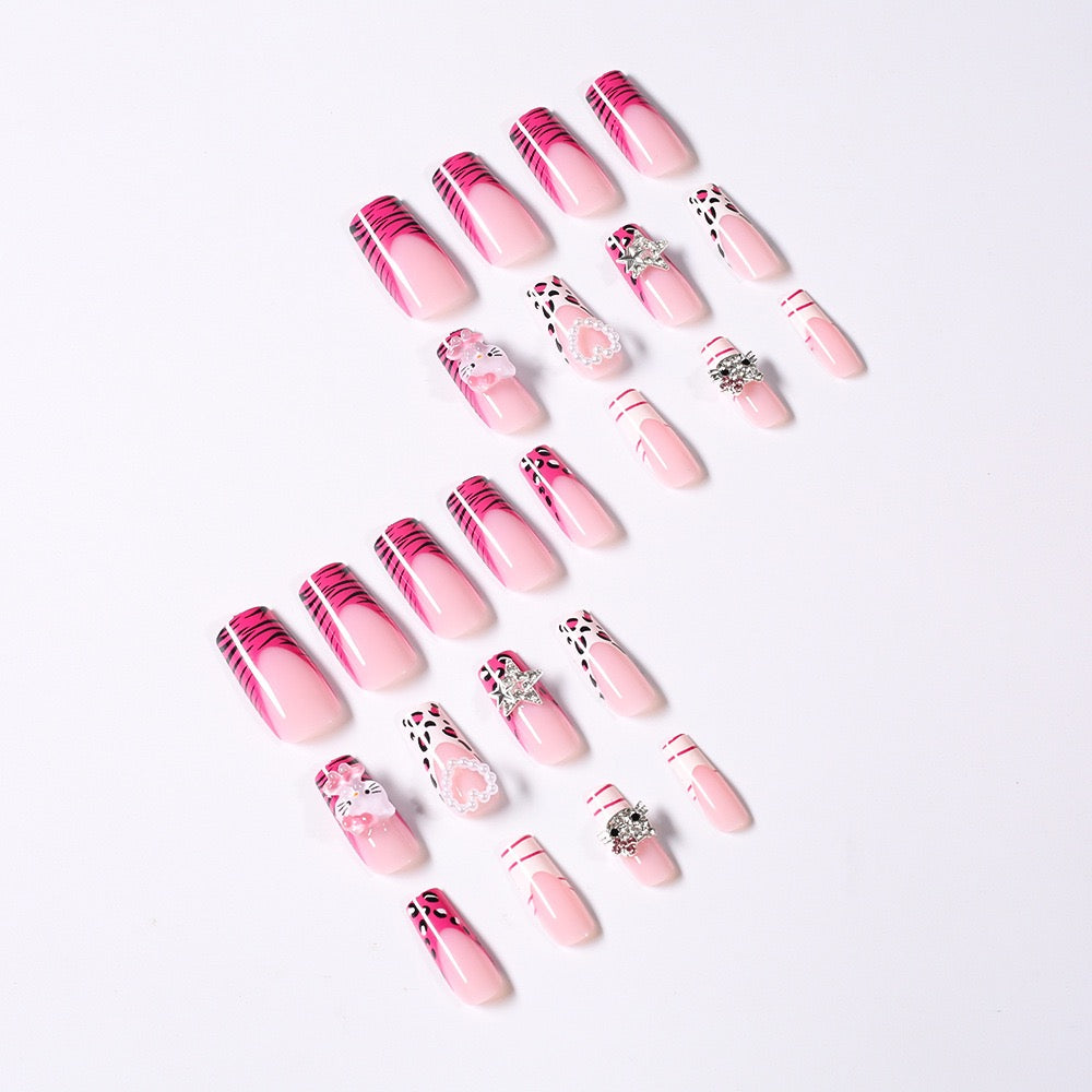 Cute Pink KITTY Cat Press-On Nails – Heart, Pearl & Rhinestone Accents