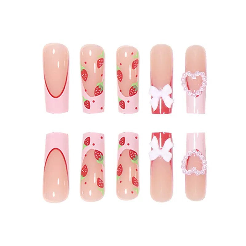 Valentine’s Day Pink Heart Bow Strawberry Long Medium-Length Press-On Nails