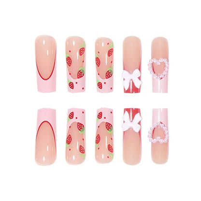 Valentine’s Day Pink Heart Bow Strawberry Long Medium-Length Press-On Nails