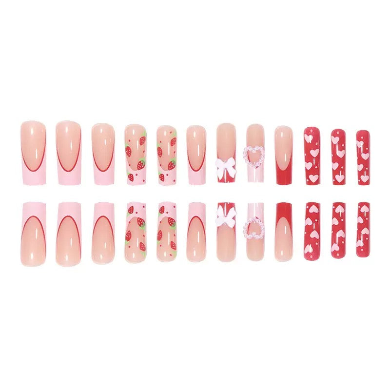 Valentine’s Day Pink Heart Bow Strawberry Long Medium-Length Press-On Nails