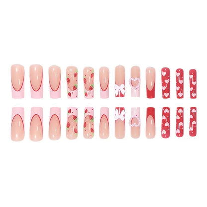 Valentine’s Day Pink Heart Bow Strawberry Long Medium-Length Press-On Nails