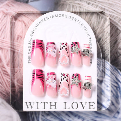 Cute Pink KITTY Cat Press-On Nails – Heart, Pearl & Rhinestone Accents