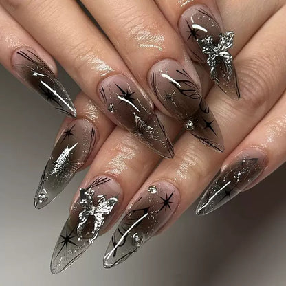 Dark Aesthetic Fine Glitter Gradient 3D Butterfly Detachable Press-On Nails