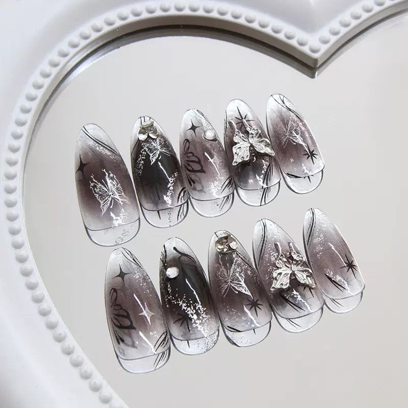 Dark Aesthetic Fine Glitter Gradient 3D Butterfly Detachable Press-On Nails