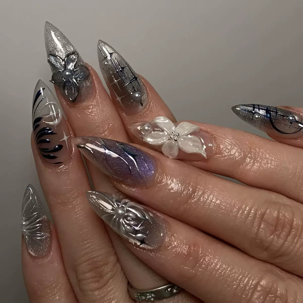 Cool Black Gradient Cat Eye 3D Flower Detachable Press-On Nails
