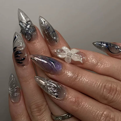Cool Black Gradient Cat Eye 3D Flower Detachable Press-On Nails