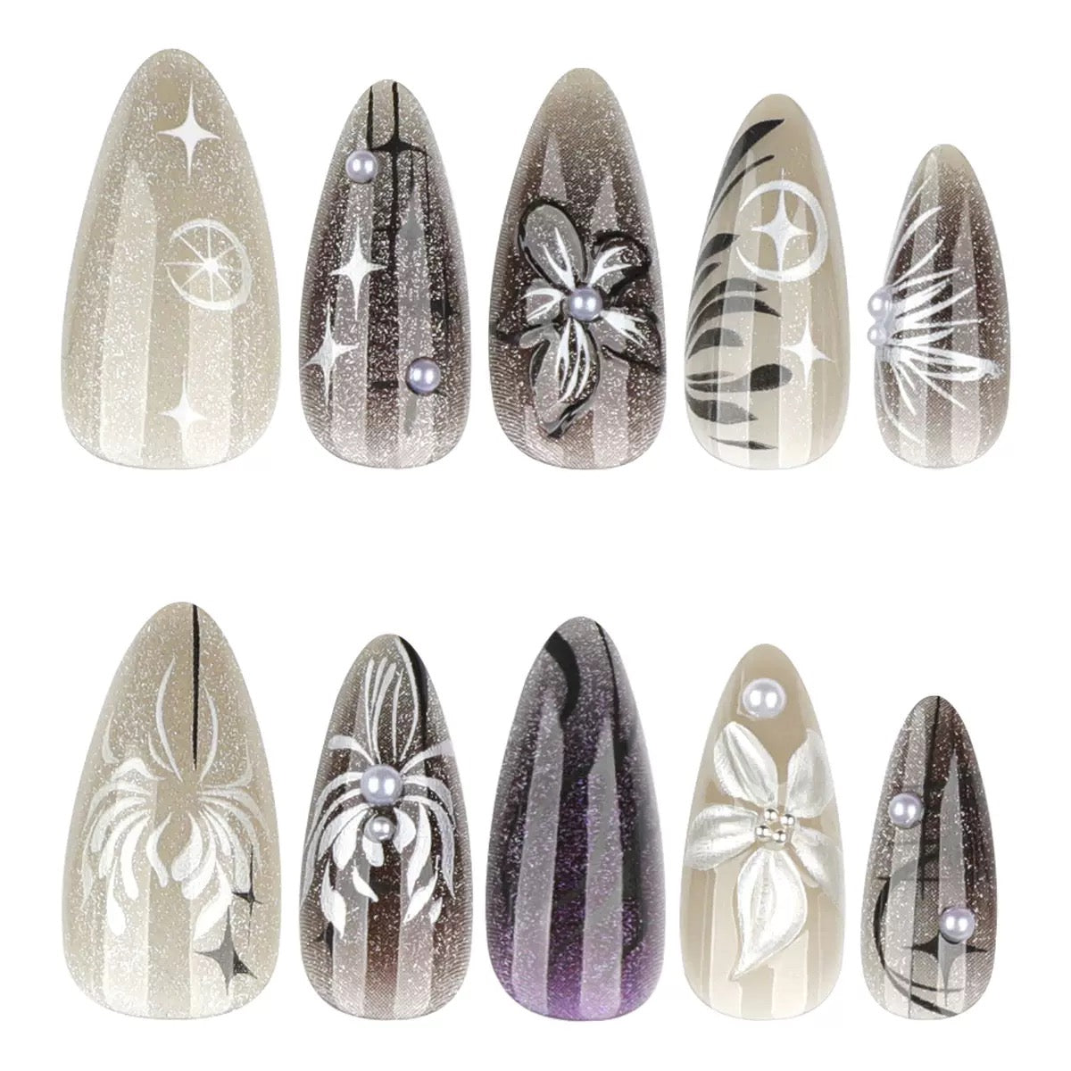 Cool Black Gradient Cat Eye 3D Flower Detachable Press-On Nails