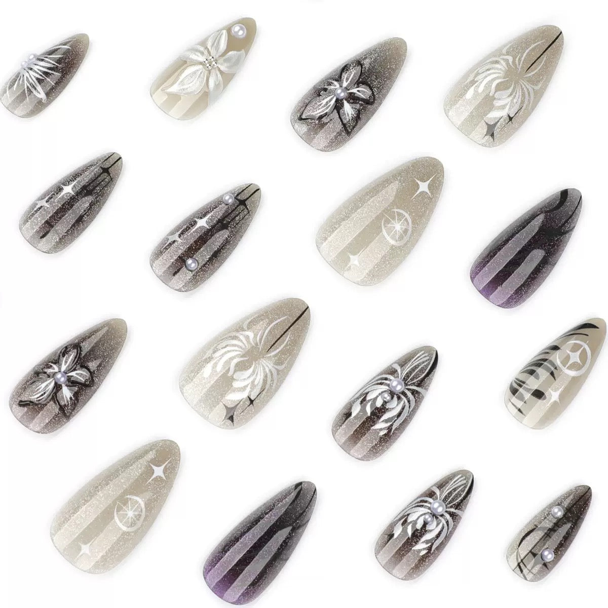 Cool Black Gradient Cat Eye 3D Flower Detachable Press-On Nails