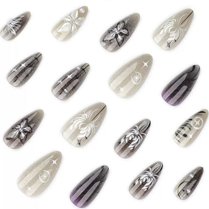 Cool Black Gradient Cat Eye 3D Flower Detachable Press-On Nails