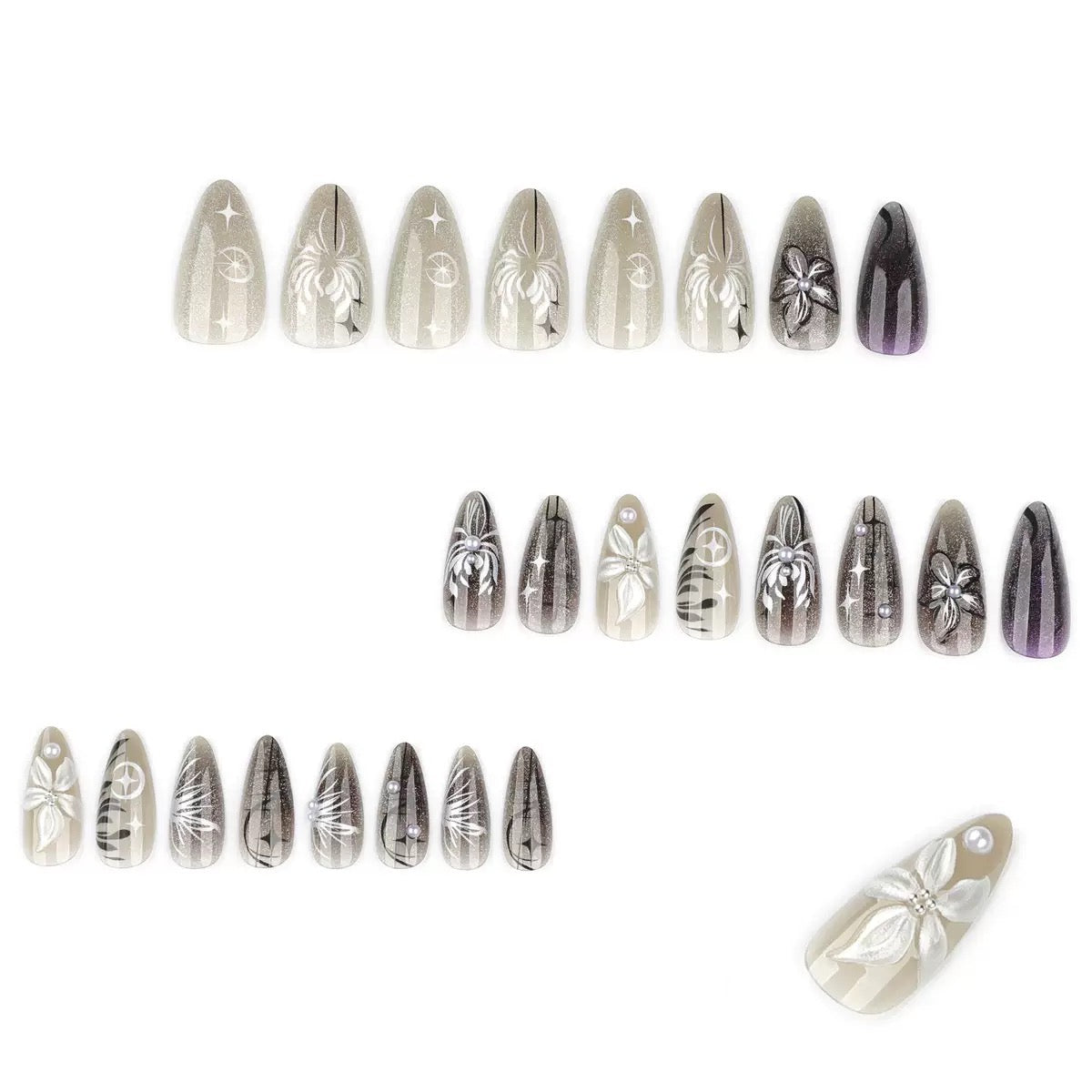 Cool Black Gradient Cat Eye 3D Flower Detachable Press-On Nails