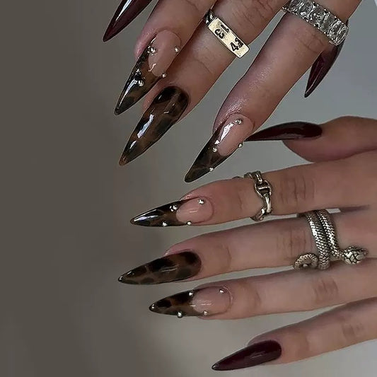 Minimalist Silver Studded Leopard Print Stiletto Detachable Press-On Nails