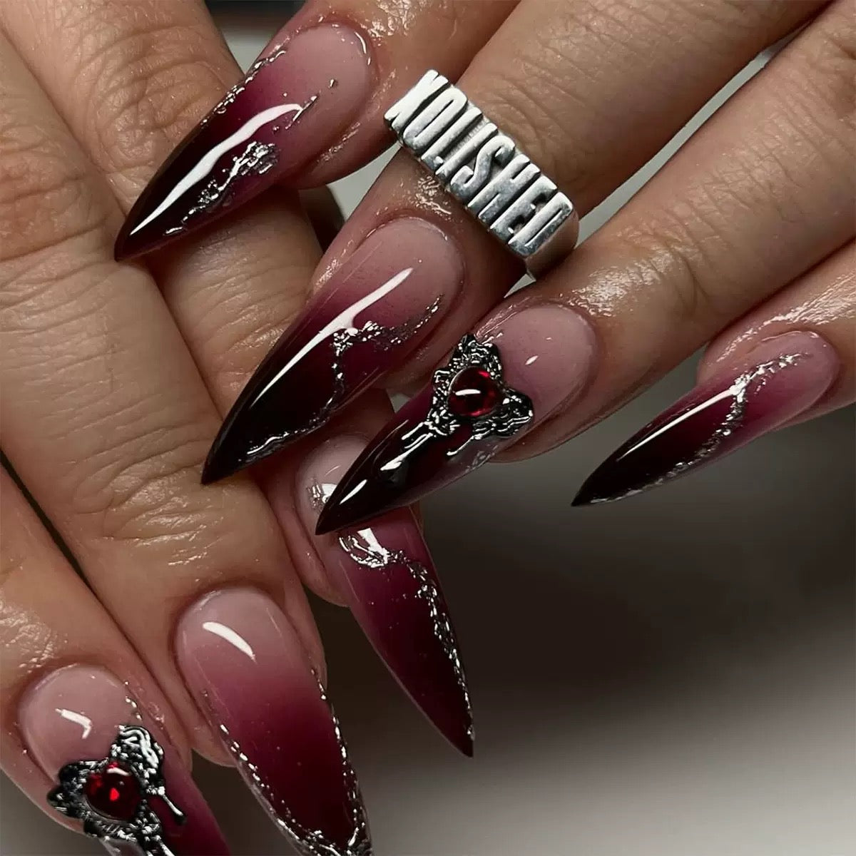 Long Stiletto Dark Gradient Glitter Detachable Press-On Nails | Sweet & Cool Girl Style