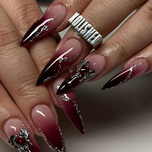 Long Stiletto Dark Gradient Glitter Detachable Press-On Nails | Sweet & Cool Girl Style