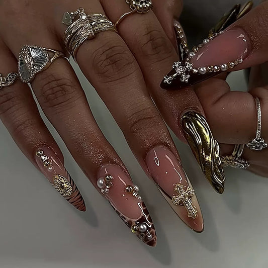 Hot-Selling French Leopard 3D Long Stiletto Rhinestone Cross Sparkle Detachable Press-On Nails | EU & US Trendy Style