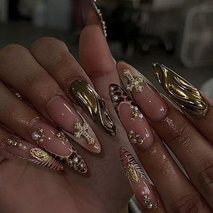 Hot-Selling French Leopard 3D Long Stiletto Rhinestone Cross Sparkle Detachable Press-On Nails | EU & US Trendy Style