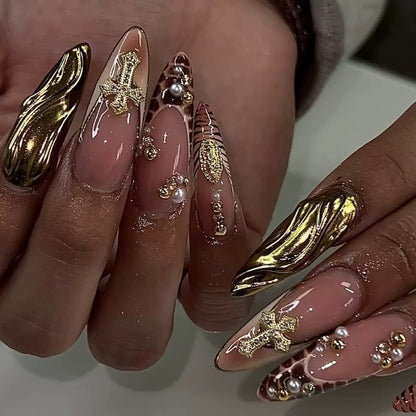 Hot-Selling French Leopard 3D Long Stiletto Rhinestone Cross Sparkle Detachable Press-On Nails | EU & US Trendy Style