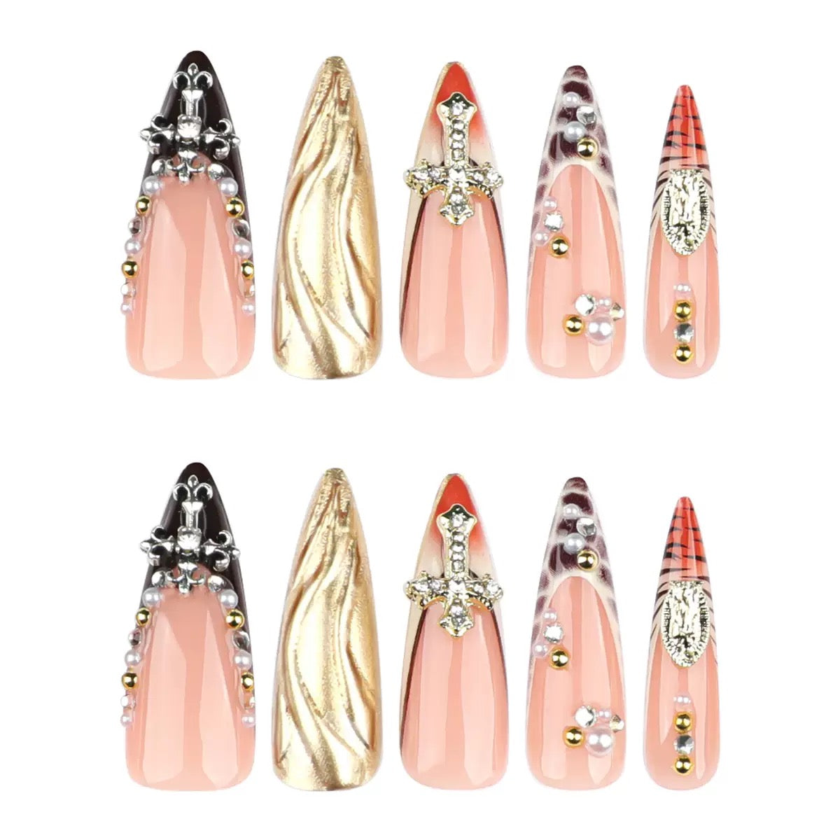 Hot-Selling French Leopard 3D Long Stiletto Rhinestone Cross Sparkle Detachable Press-On Nails | EU & US Trendy Style
