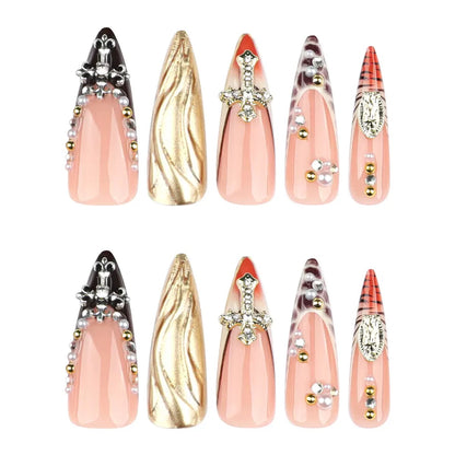 Hot-Selling French Leopard 3D Long Stiletto Rhinestone Cross Sparkle Detachable Press-On Nails | EU & US Trendy Style
