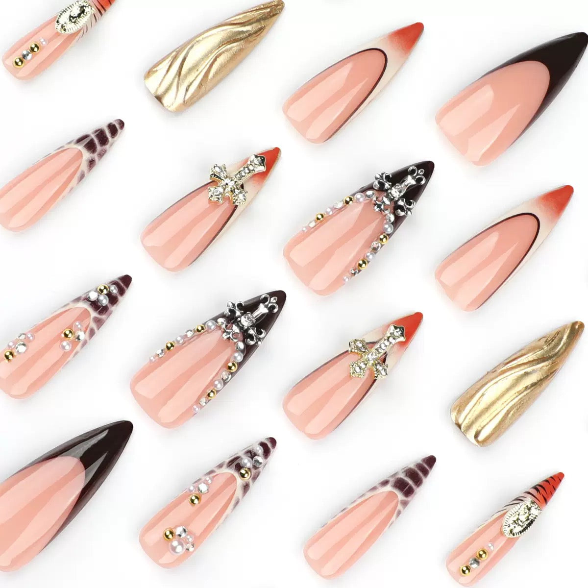 Hot-Selling French Leopard 3D Long Stiletto Rhinestone Cross Sparkle Detachable Press-On Nails | EU & US Trendy Style