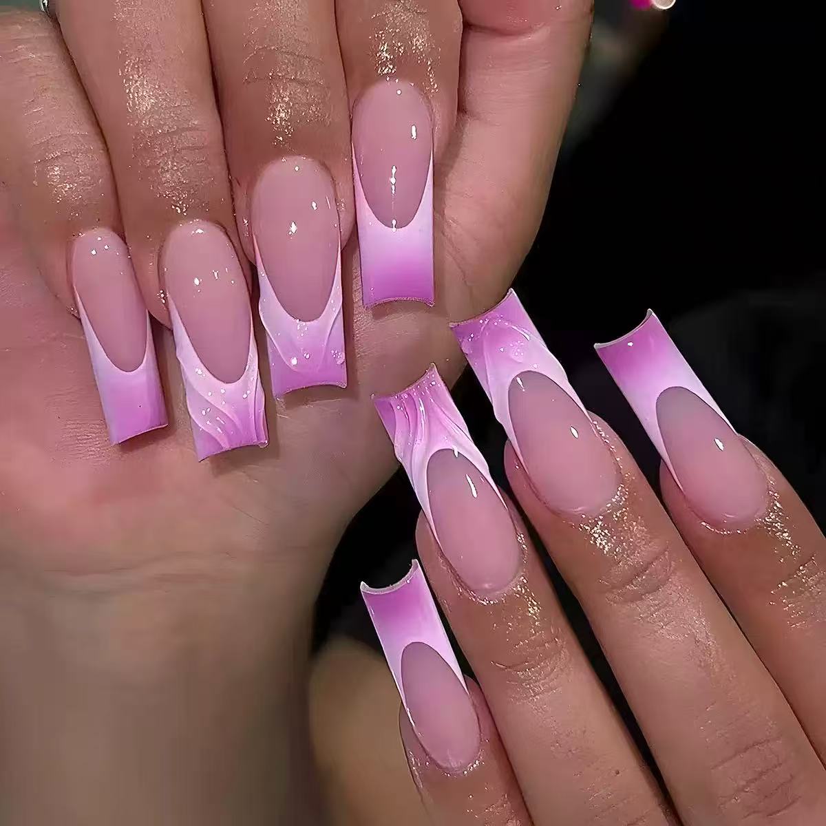 Minimalist French Pink-Purple Gradient Long Cylinder 3D Water Ripple Detachable Press-On Nails