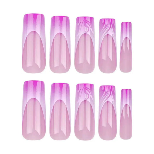 Minimalist French Pink-Purple Gradient Long Cylinder 3D Water Ripple Detachable Press-On Nails