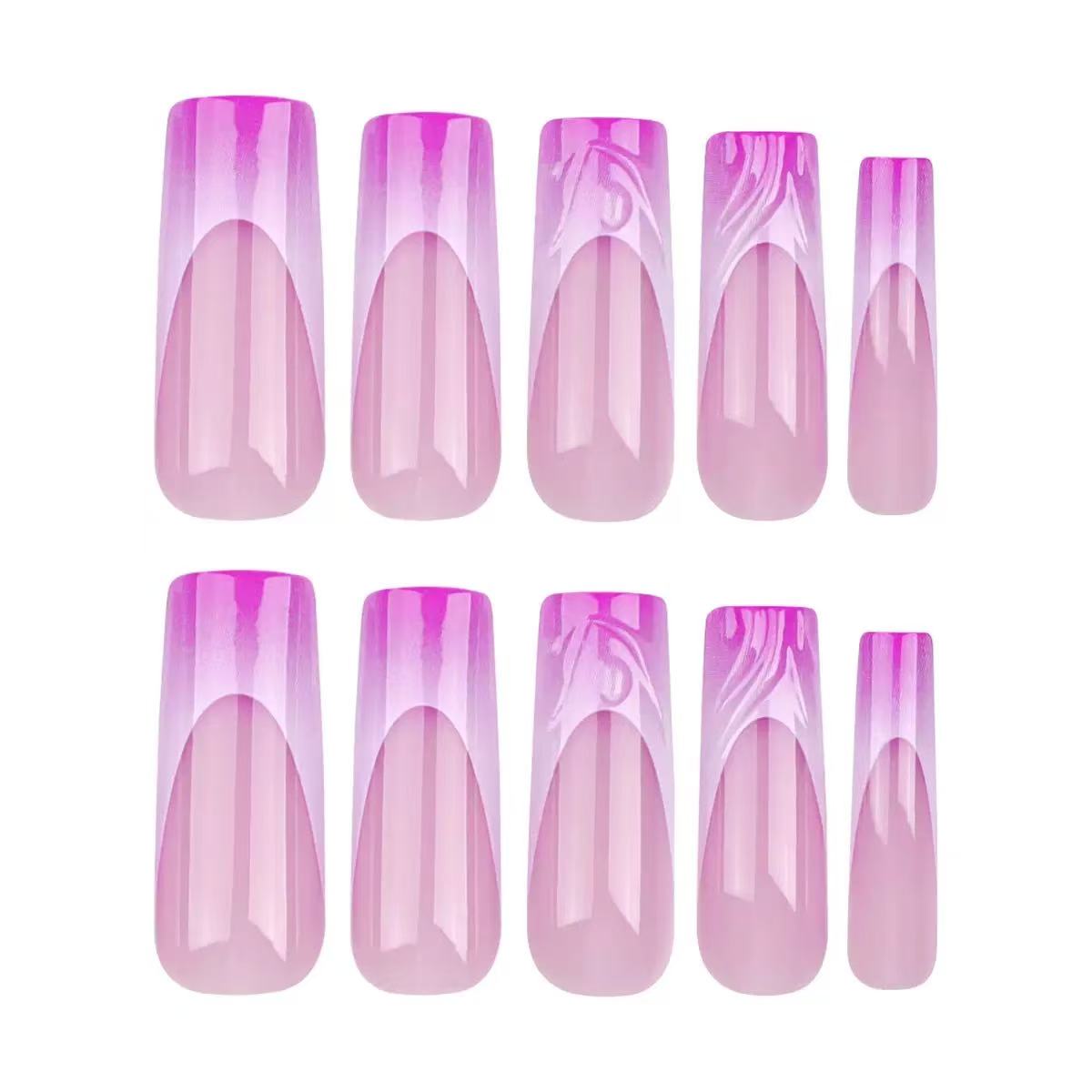 Minimalist French Pink-Purple Gradient Long Cylinder 3D Water Ripple Detachable Press-On Nails