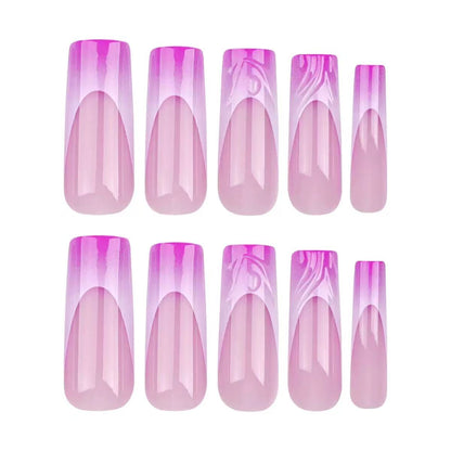 Minimalist French Pink-Purple Gradient Long Cylinder 3D Water Ripple Detachable Press-On Nails