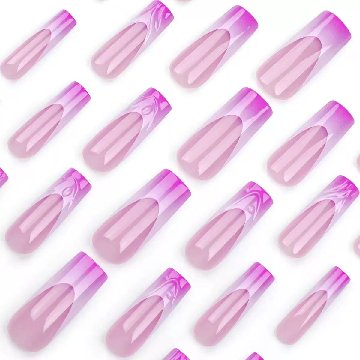 Minimalist French Pink-Purple Gradient Long Cylinder 3D Water Ripple Detachable Press-On Nails
