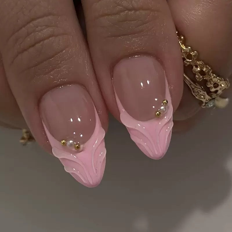Pink French 3D Carved Flower with Gold Beads Almond Detachable Press-On Nails