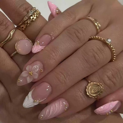 Pink French 3D Carved Flower with Gold Beads Almond Detachable Press-On Nails