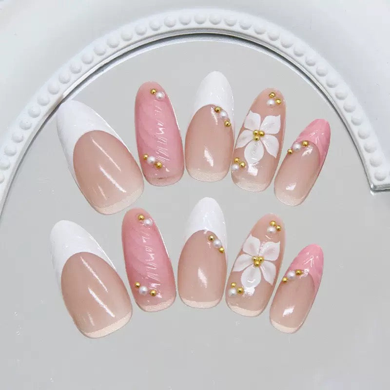 Pink French 3D Carved Flower with Gold Beads Almond Detachable Press-On Nails