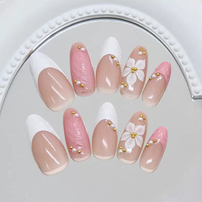 Pink French 3D Carved Flower with Gold Beads Almond Detachable Press-On Nails