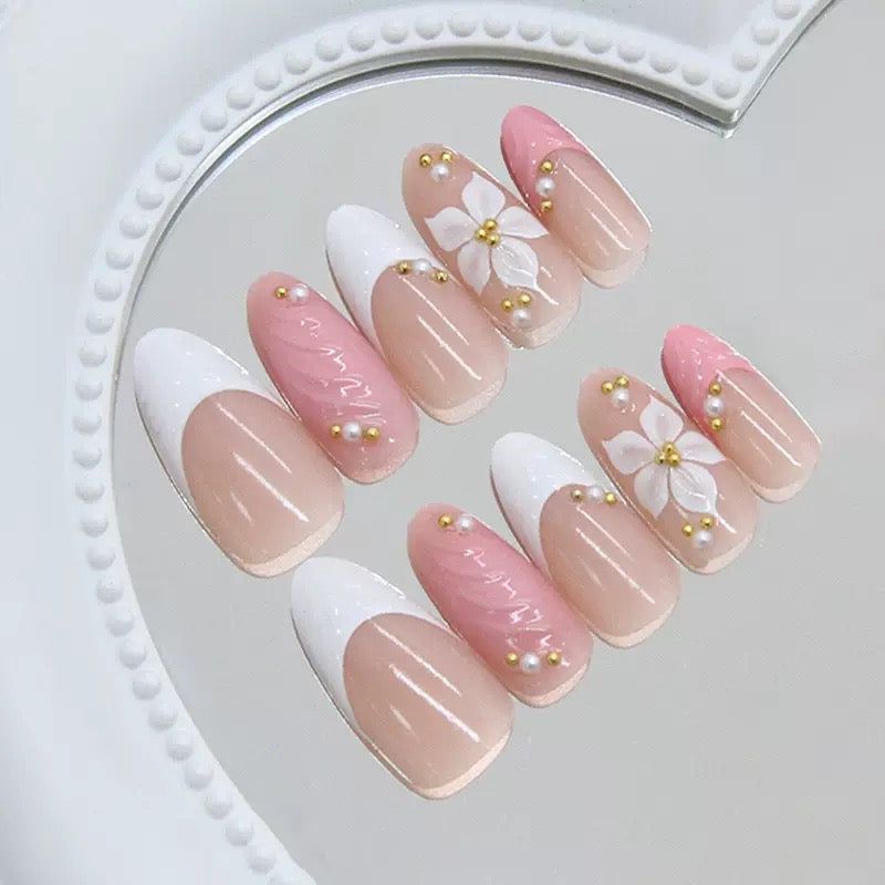 Pink French 3D Carved Flower with Gold Beads Almond Detachable Press-On Nails