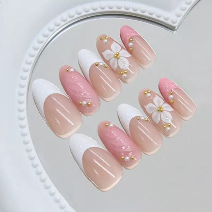 Pink French 3D Carved Flower with Gold Beads Almond Detachable Press-On Nails