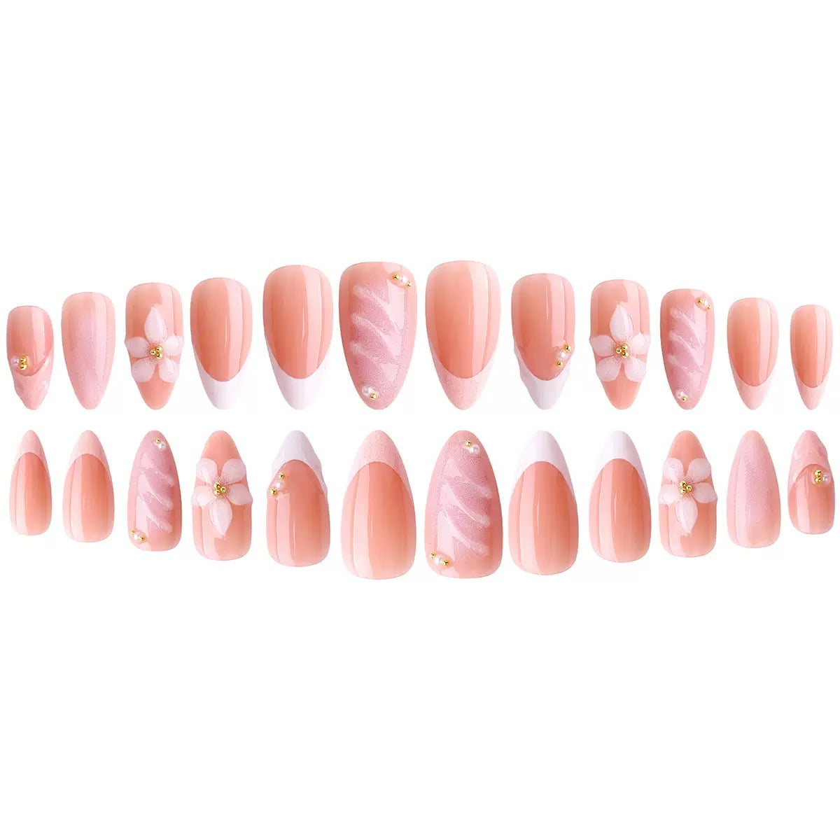 Pink French 3D Carved Flower with Gold Beads Almond Detachable Press-On Nails
