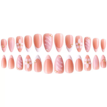 Pink French 3D Carved Flower with Gold Beads Almond Detachable Press-On Nails