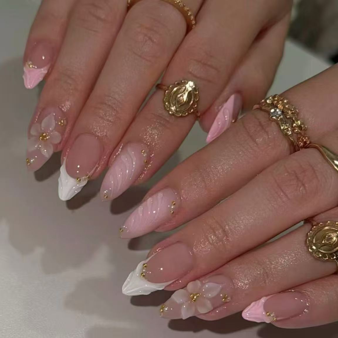 Pink French 3D Carved Flower with Gold Beads Almond Detachable Press-On Nails