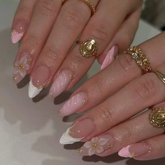 Pink French 3D Carved Flower with Gold Beads Almond Detachable Press-On Nails