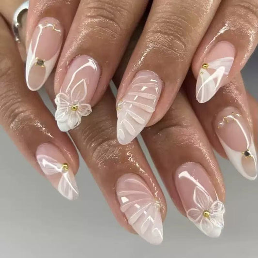 Hot-Selling 3D Floral French Short Almond Detachable Press-On Nails | EU & US Trendy Style