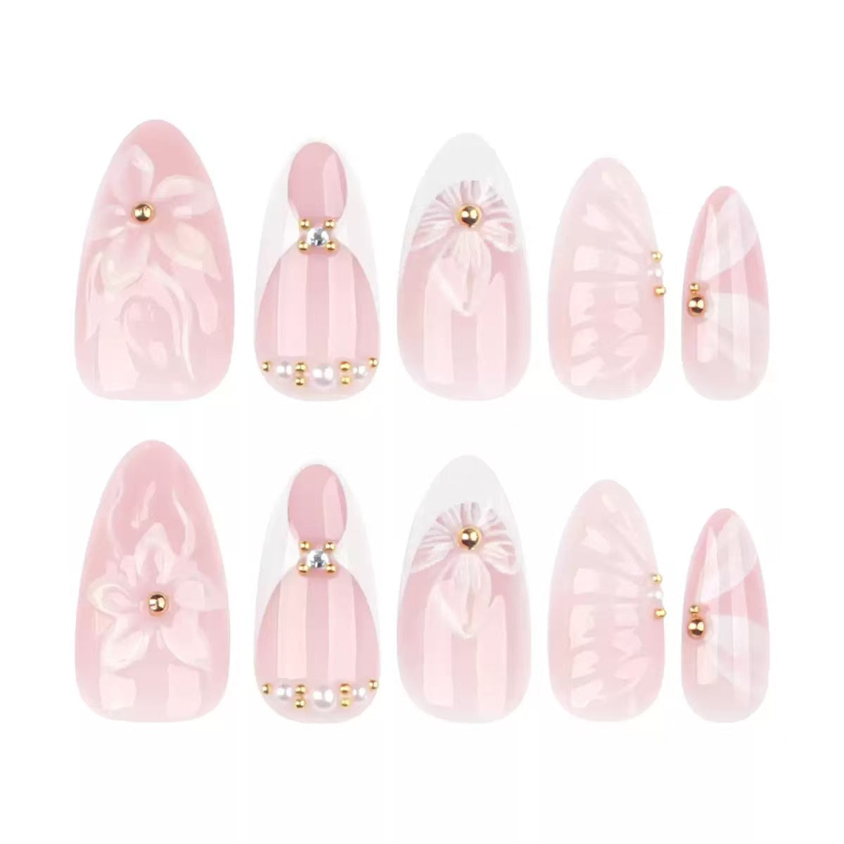 Hot-Selling 3D Floral French Short Almond Detachable Press-On Nails | EU & US Trendy Style