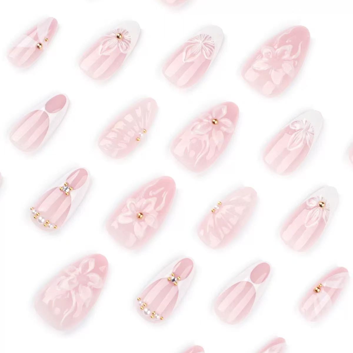 Hot-Selling 3D Floral French Short Almond Detachable Press-On Nails | EU & US Trendy Style