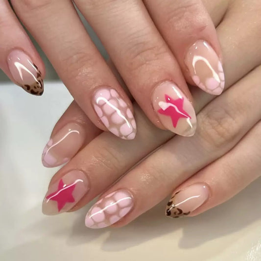 Hot-Selling Red Star Short Almond French Leopard Print Detachable Press-On Nails